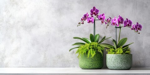 Aufkleber - Orchid, Ant Plant, Tillandsia, and Spanish moss are arranged on a white concrete wall for decorative gardening at home. A green three-tree pot in a minimal style is included with copy space.
