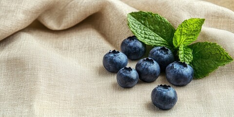 Poster - Fresh blueberries and mint leaves on a charming fabric background with copyspace.