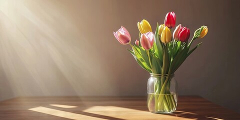 Aufkleber - A vase of multicolored tulips sits on the table near the wall. Selective focus.