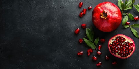 Poster - Fresh, juicy pomegranate - whole and sliced on a black vintage backdrop, top view, horizontal, with copy space.