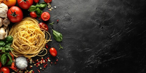 Wall Mural - Spaghetti dish on a black stone backdrop with space for text.