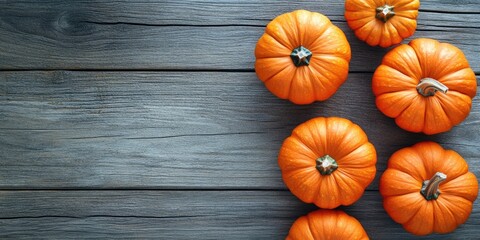 Poster - Orange pumpkins on a wooden background, flat lay arrangement with room for text. Fall celebrations.