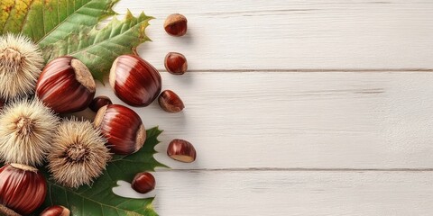 Aufkleber - Fresh, sweet edible chestnuts on a light wooden table, close-up. Room for text.