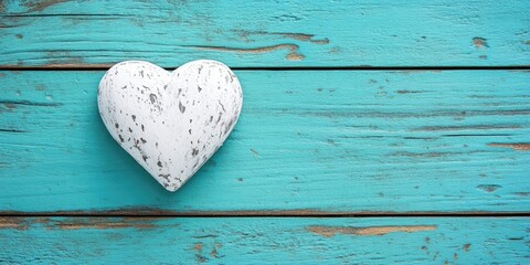 Fototapete - White decorative heart on a turquoise wooden background. Selective focus. Space for text. Square image.