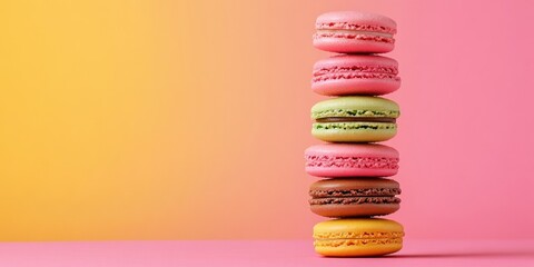 Poster - Bright, colorful (yellow, pink, green, brown) assorted flavor macarons, sweet cookies, on a vibrant pink and yellow background. A stack of small French macaron cakes, with copyspace flatlay.