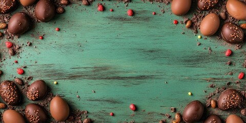 Aufkleber - Easter backdrop featuring chocolate eggs and dragees on a green wooden surface, top view frame, with copy space.