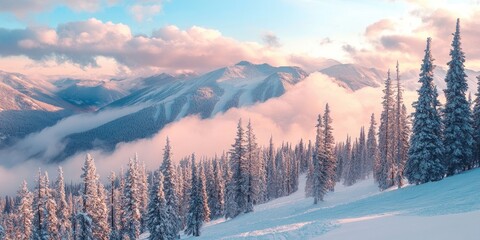 Poster - picturesque view of snowy mountains with pine trees amidst white fluffy clouds