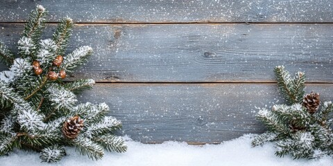 Poster - Christmas grunge wooden backdrop featuring a snow-covered fir tree. Perspective with copy space.