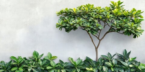 Poster - Octopustree (Umbrella tree) green leaves adorn the garden by the wall background.
