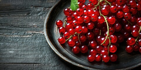 Poster - Fresh red currants on a plate set on a dark wooden table.
