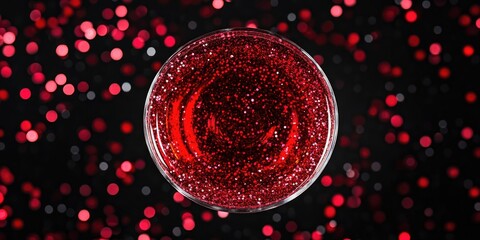 Wall Mural - Glass with red glitter on a black background, flat lay for a holiday concept.