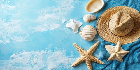 Poster - beach items on a blue towel with copyspace