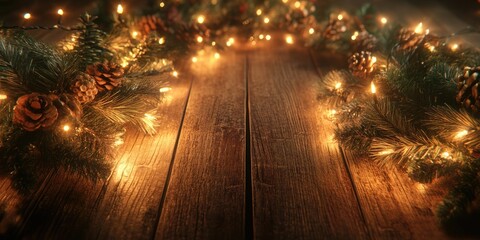 Poster - A Christmas tree garland shines on a rustic wooden table, creating a festive background.