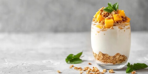 Aufkleber - Healthy parfait dessert featuring yogurt, granola, and mango in a glass jar. Top view with copy space on a white stone table.