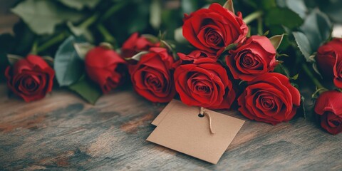 Poster - A bunch of red roses with a tag wrapped in paper on a wooden surface.