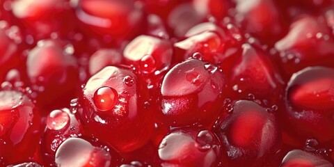Poster - Water droplets on ripe, sweet pomegranate seeds. Fresh pomegranate backdrop with copyspace for your text. Concept for vegans and vegetarians.