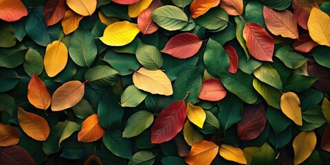 Sticker - Colorful and vibrant - green, yellow, orange, and red - autumn leaves backdrop. Nature, autumn season theme. Foliage. Outdoor. Copyspace, flat lay, top view.