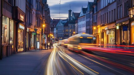 Poster - In the evening, a lively city street is filled with blurred car lights and pedestrians enjoying the scene under dim streetlights. Generative AI