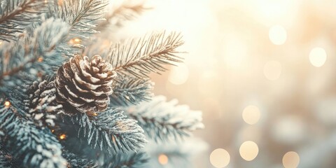 Poster - Close-up of a pine branch adorned with decorations. Background for Christmas and New Year holidays. Vintage color tone. Copyspace for your text.