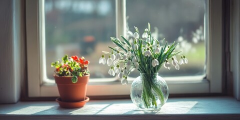 Poster - Bouquet of snowdrops and a mass-produced tree toy in the window.