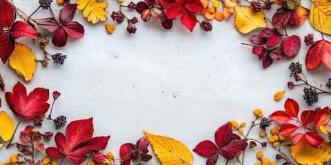 Sticker - Autumn arrangement. A frame created from red and yellow leaves and flowers. Flat lay, top view, copyspace.