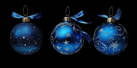 Wall Mural - Christmas blue baubles adorned with ribbon and stars set against a black background. New Year decoration art design.