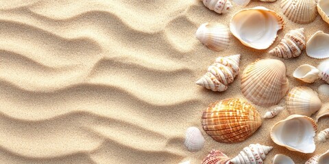 Aufkleber - Seashells with a sand backdrop. Summer beach ocean background. Flat lay.