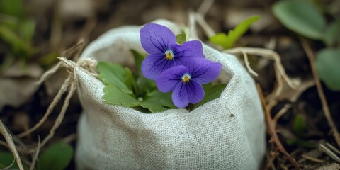 Aufkleber - Small purple violet flower in a white bag, tiny flower in a forest garden on a sunny or cloudy day, close-up of blooming floral in summer, spring, or fall.