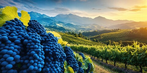 Poster - Grapes in a vineyard. Stunning mountainous countryside. Summer harvest of ripe blue clusters. Copy space.