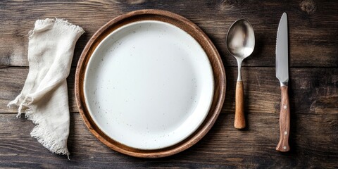 Aufkleber - Blank template for food composition - plate, knife, and spoon on a rustic wooden background from a top view, providing blank space for text.