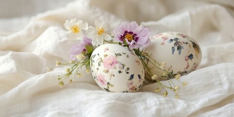 Aufkleber - Easter eggs adorned with flowers on white linen fabric. Concept of spring and Easter.