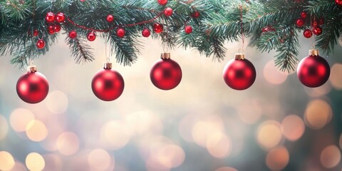 Poster - Christmas decorations featuring red balls hanging on pine branches along with a garland and ornaments against an abstract bokeh background with copyspace.