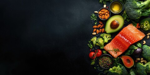 Aufkleber - Healthy food: salmon fish, avocado, broccoli, fresh vegetables, nuts, and fruits. Set against a black background. Top view. Copy space.