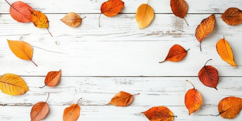 Poster - A vibrant background image featuring fallen autumn leaves on a white wooden table-like surface. Top view, copy space.