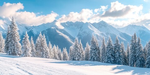 Poster - scenic landscape of snow-covered mountains with pine trees among fluffy white clouds