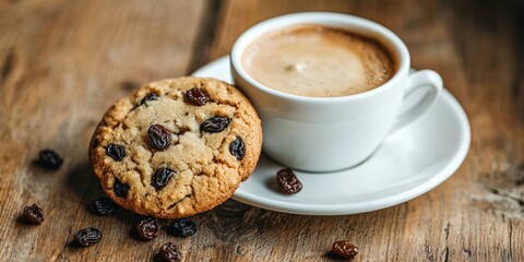 Poster - Coffee cookies with raisins on a wooden table.