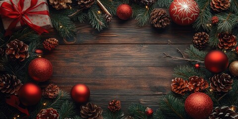 Poster - Merry Christmas. Christmas and New Year decorations on a wooden surface.