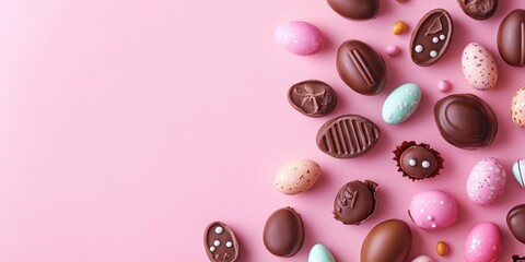 Aufkleber - Happy Easter with a vibrant, creative flat lay featuring chocolate bunnies and Easter eggs, along with copy space.
