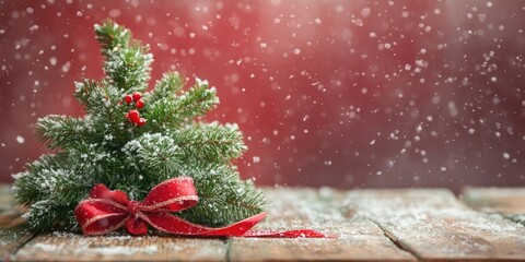 Leinwandbilder - Christmas fir tree on a wooden surface/Christmas green arrangement with ribbon and snow/Christmas holiday backdrop