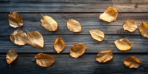 Poster - Autumn theme featuring golden leaves on a rustic wooden surface.