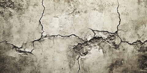 Fototapete - Close-up of cracked concrete wall texture, unpainted cement background in vintage style for graphic design or retro wallpaper, showcasing the texture of cracks in the concrete wall.