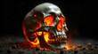 © LemonellArt - An Exquisite Hyper Detailed Image of a Flaming Dirty Human Bone Skull Against a Jet Black Background with Hyperrealistic Cinematic Lighting