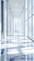 Poster - Bright, modern hallway with large windows and marble floor.