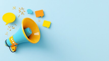 Poster - Colorful megaphone with bright speech bubbles floating against a simple background symbolizing advertising concepts and marketing communication in a stylized