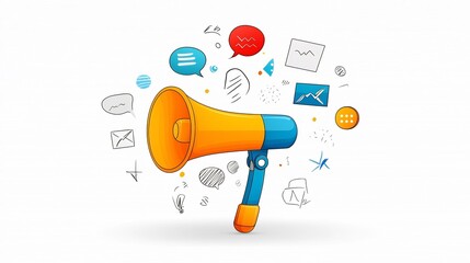 Aufkleber - Colorful and vibrant of a megaphone with speech bubbles representing marketing advertising and messaging ideas for business startups and digital campaigns