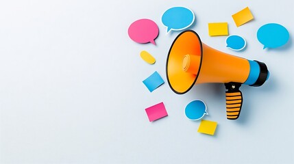 Poster - Energetic and eye catching megaphone with bold colorful speech bubbles against a clean background perfect for social media advertising and marketing campaigns to grab attention and amplify messages