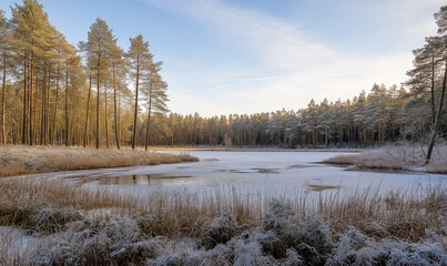 Canvas Print - White Ice Patch: Frozen Forest Lake and Frosty Landscape with Room for Text