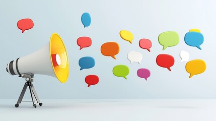 Poster - Bold and Vibrant Speech Bubbles Emerging From a Megaphone on a Clean Background Ideal for Advertising Social Media Campaigns and Digital Marketing Messaging