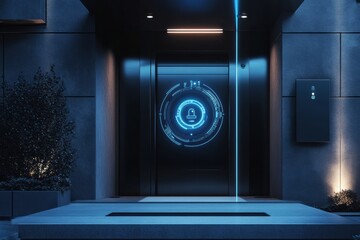 Poster - The entrance showcases advanced security technology, including smart cameras, motion sensors, and a sleek fingerprint scanner for access. Generative AI