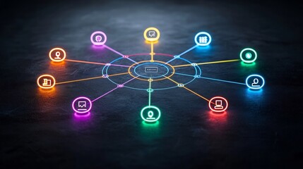 Fototapete - Vibrant neon network of interconnected game pieces in bright colors linked by glowing lines on a sleek dark glossy background representing the concept of and digital technology
